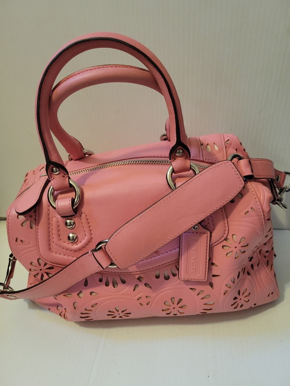 Coach Ashley Leather Tossed Laser Cut Satchel Shoulder Bag Pink F21929